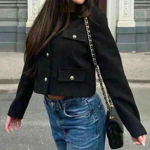 Black Elegant Women's Casual Tweed Jacket Decorated Long Sleeve Coat